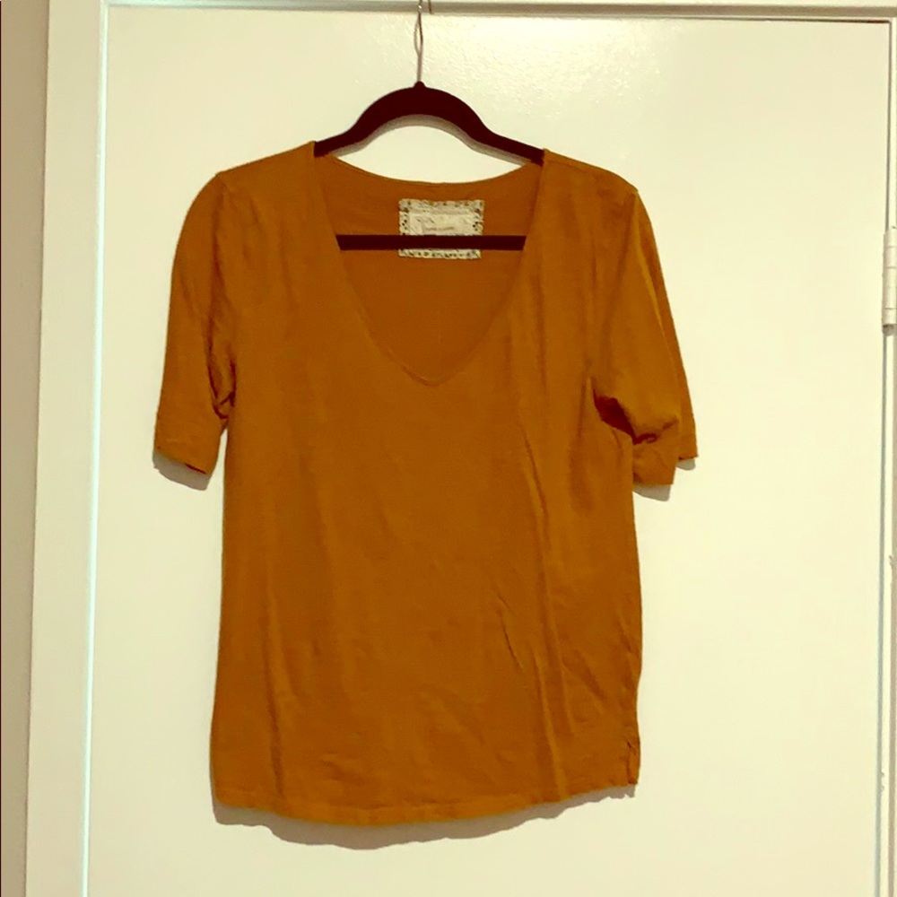 Anthropologie Mustard Short Sleeve V-Neck Tee
